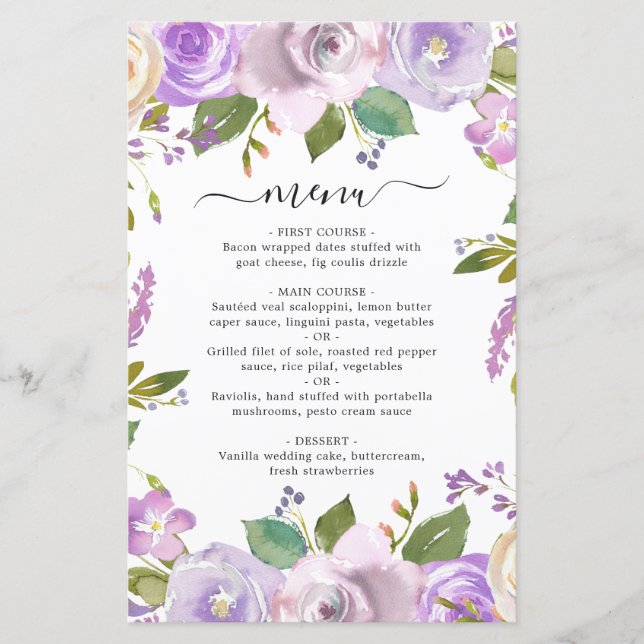Lilafärgad akvarellblomma elegant bröllopsmeny (Framsida)
