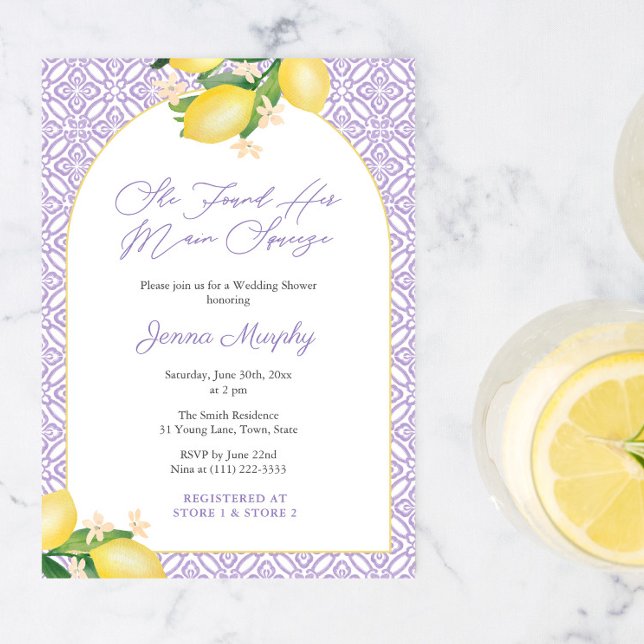 Lilafärgad bröllopsfest med valvformad dekoration inbjudningar (Lemons Lavender Modern arch she found her main squeeze bridal shower invitation with QR code)