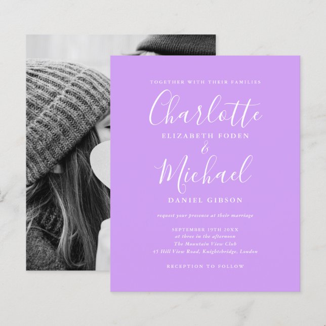 Lilafärgad budgetbröllopsinbjudan med foto (Fram/baksida)