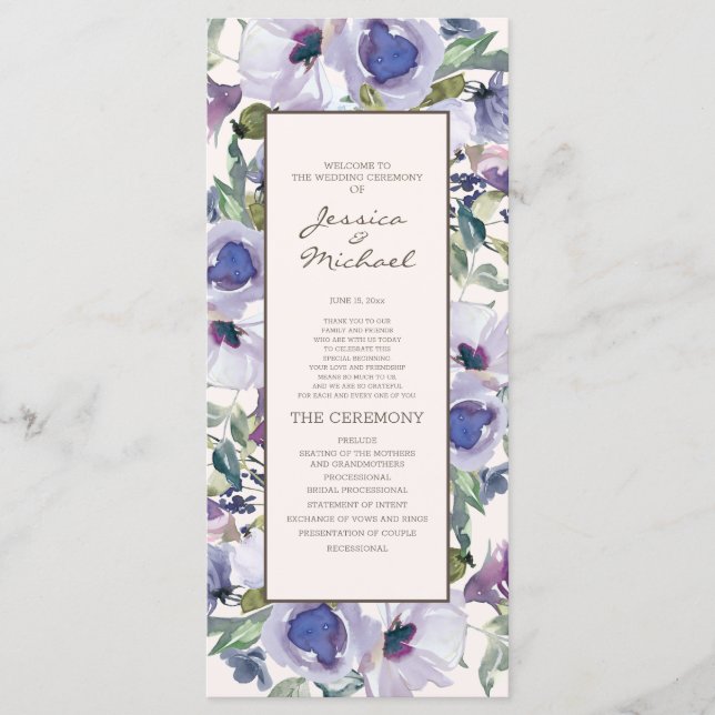 Lilafärgad dammig blå boho blomsterbröllopsprogram program (Framsida)