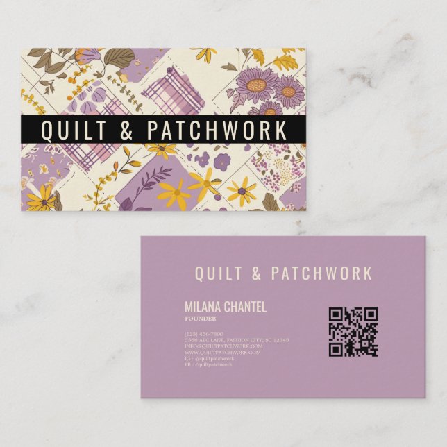 Lilafärgad Gul Quilt Patchwork Handgjorda Kläder  Visitkort (Fram/baksida)