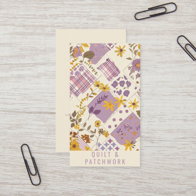 Lilafärgad Gul Quilt Patchwork Handgjorda Kläder  Visitkort (Fram/Back In Situ)
