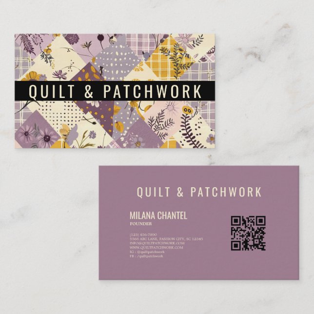 Lilafärgad Gul Quilt Patchwork Handgjorda Kläder  Visitkort (Fram/baksida)