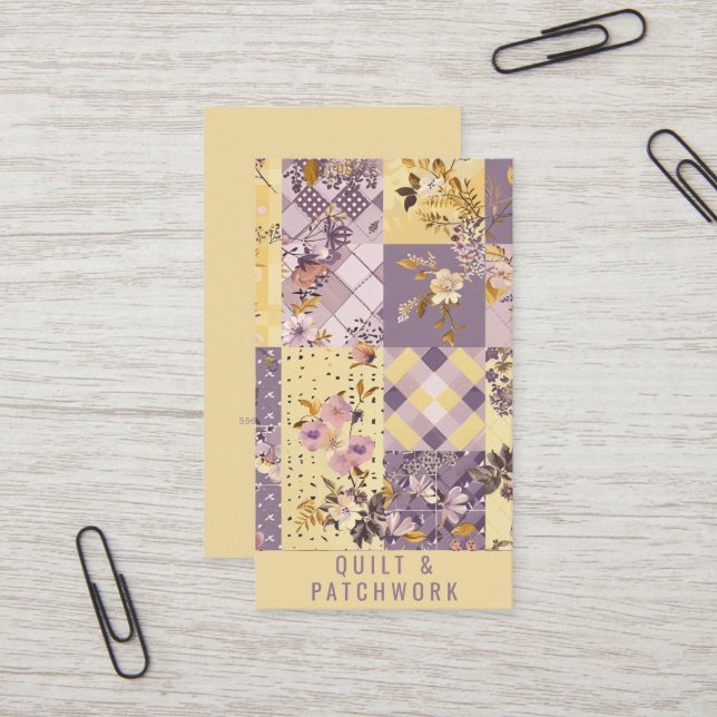 Lilafärgad Gul Quilt Patchwork Handgjorda Kläder  Visitkort (Fram/Back In Situ)
