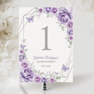 Lilafärgad lila silverblommig Quinceanera Bordsnummer