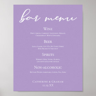 Lilafärgad lila vit typografi Bröllopsbar meny Poster