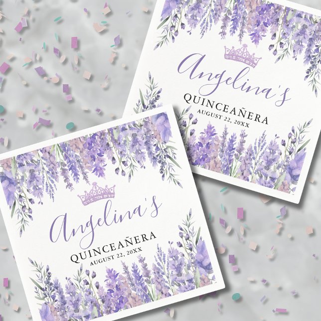 Lilafärgad Quinceanera med lavendelblommor Pappersservett (Lavender Floral Purple Quinceanera Napkins)