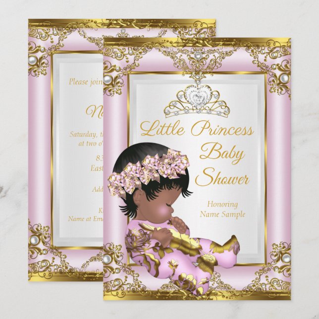 Lilafärgad Rosa Guld Prinsessa Bebisens Första För Inbjudningar (Fram/baksida)
