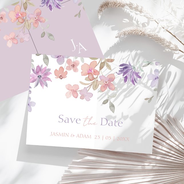 Lilafärgad Rosa Whimsisk Vildblomma Bröllop Spara Datumet (Elegant Lavender Pink Whimsical Wildflower Wedding Save The Date Card)