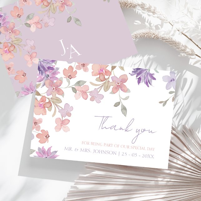 Lilafärgad Rosa Whimsisk Vildblomma Bröllop Tack Kort (Elegant Lavender Pink Whimsical Wildflower Wedding Thank You Card)