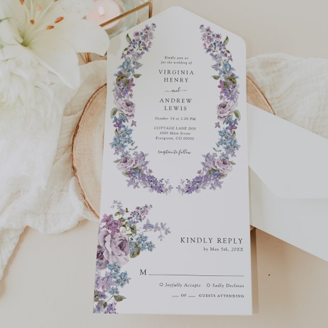 Lilafärgad rustik allt-i-ett-inbjudan (Rustic Watercolor Lilac All In One Invitation by Painted Paperie
)
