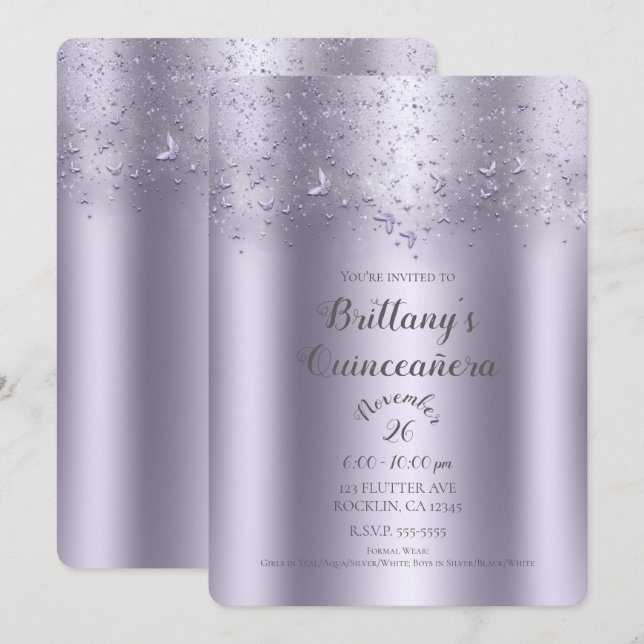 Lilafärgad skimrande fladdrande fjäril Quinceañera Inbjudningar (Fram/baksida)