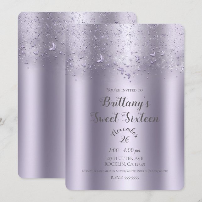 Lilafärgad skimrande fladdrande fjäril Söta 16-fes Inbjudningar (Fram/baksida)