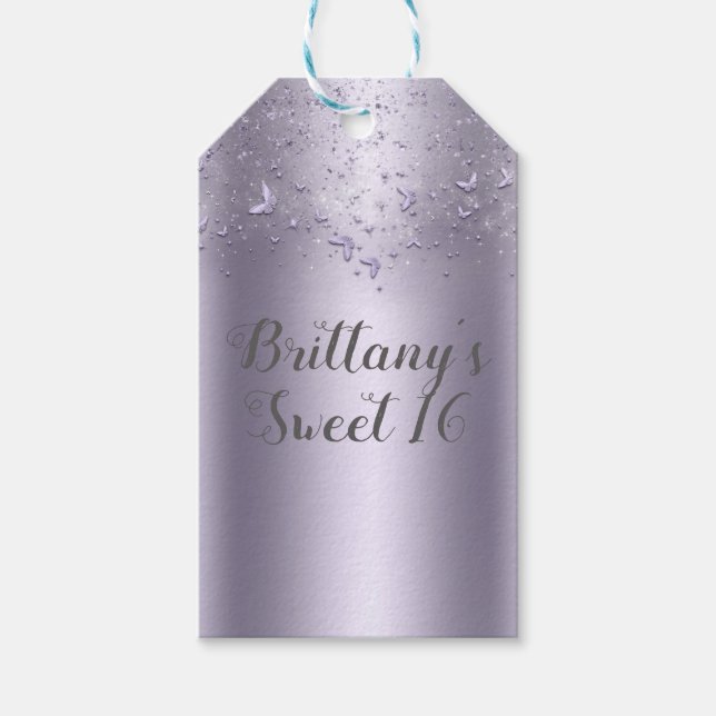 Lilafärgad skimrande fladdrande fjäril Söta 16-fes Presentetikett (Framsidan)