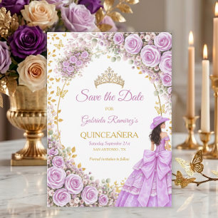 Lilafärgade Purpurrosor Guld Fjäril Quinceañera Spara Datumet