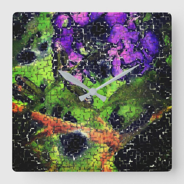 Lilakblomma och löv åldras i kardad mosaik fyrkantig klocka (Framsida)