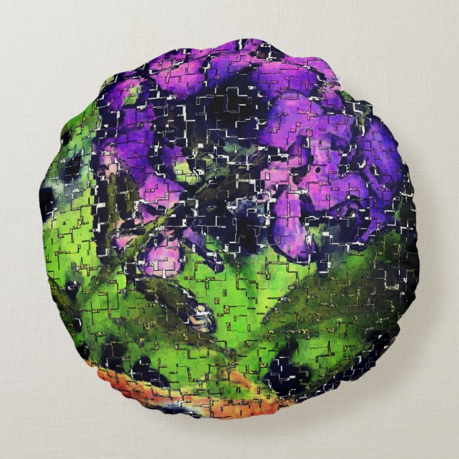 Lilakblomma och löv åldras i kardad mosaik rund kudde (Baksidan)