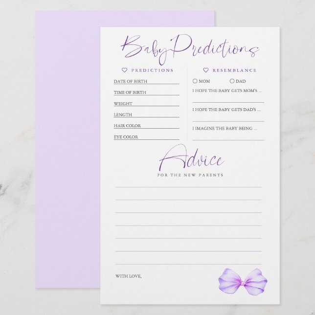 Lilan Baby Shower  för Baby Predictions Advice (Fram/baksida)
