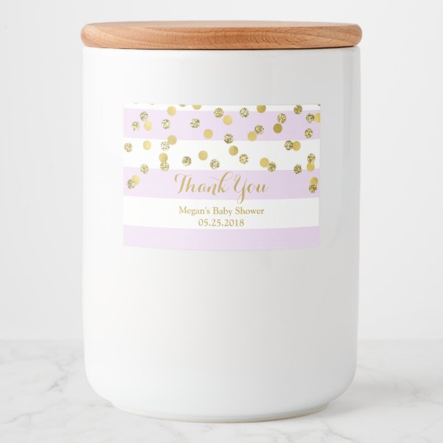 Lilan görar randig den guld- konfettibaby mat etiketter (Framsida)