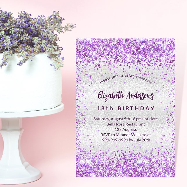 Lilan vid silver vid födelsedagen, glitter lyxur inbjudningar (Skapare uppladdad)
