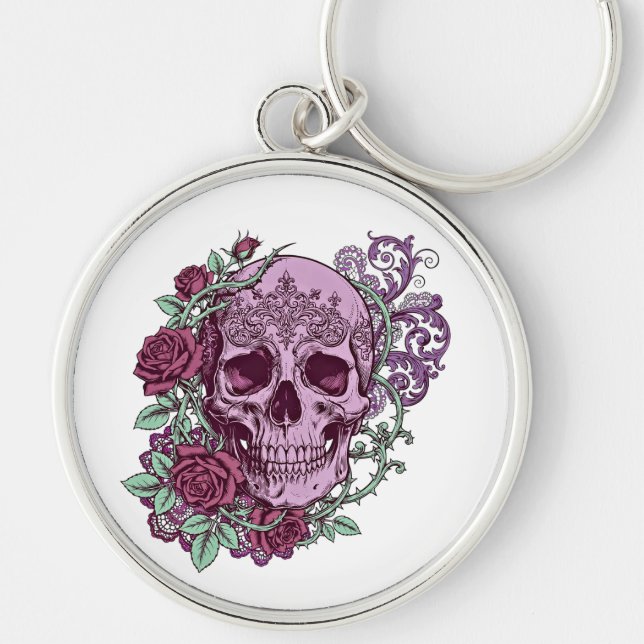 Lilaskalle med rosor gotisk design rund silverfärgad nyckelring (Framsidan)