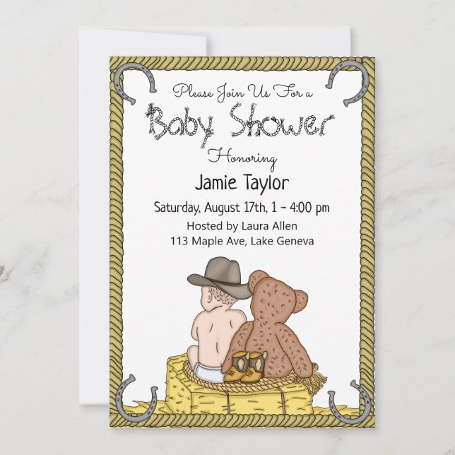 Lil'Cowboy and Nalle Boy's Baby Shower Inbjudningar (Framsida)