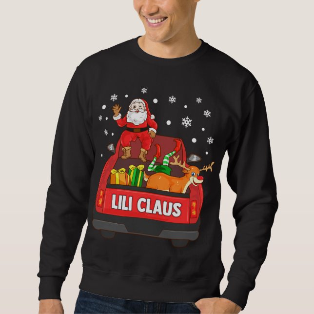 Lili Claus Red Lastbil Santa Reindeer Elf jul Lång Ärmad Tröja (Framsida)