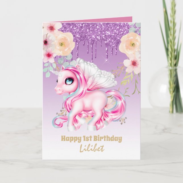Lilibet 1a Birthday Cards - Princess Unicorns Kort (Framsida)