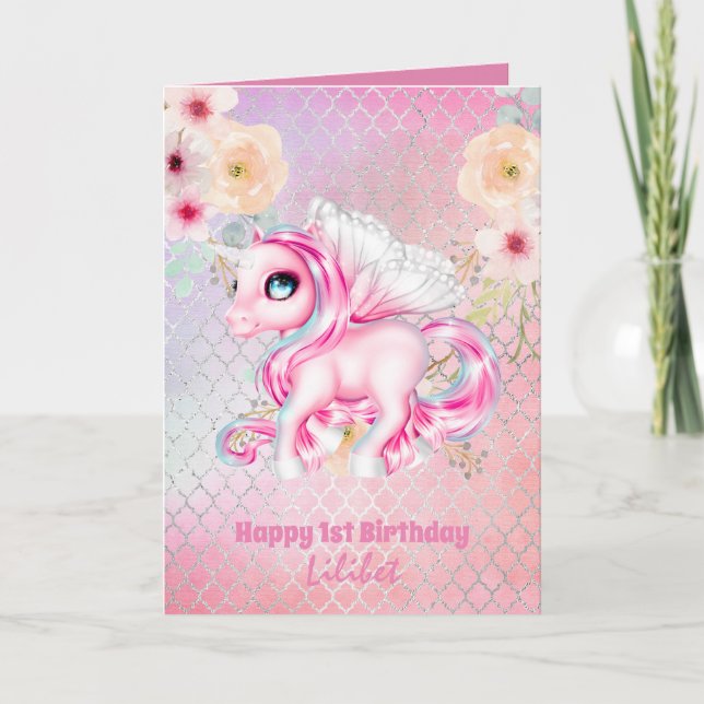 Lilibet 1st Birthday Cards - Princess Unicorns Kort (Framsida)