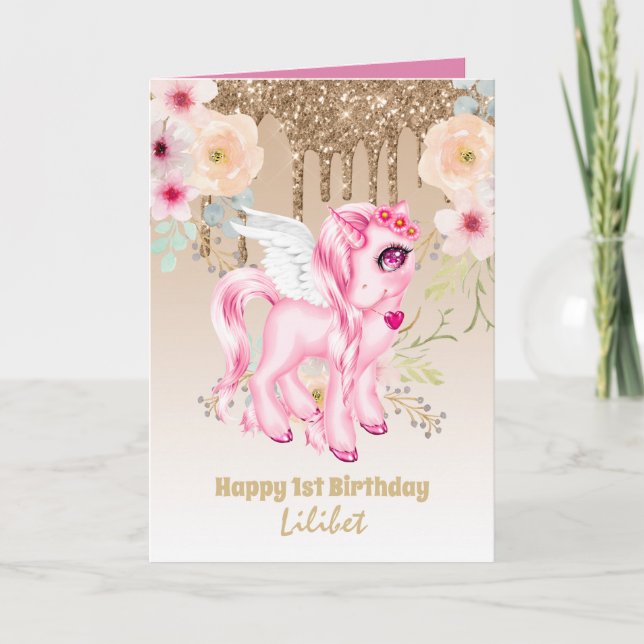 Lilibet 1st Birthday Cards - Princess Unicorns Kort (Framsida)