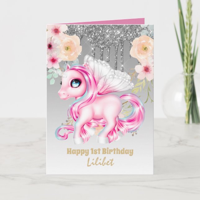 Lilibet 1st Birthday Cards - Princess Unicorns Kort (Framsida)