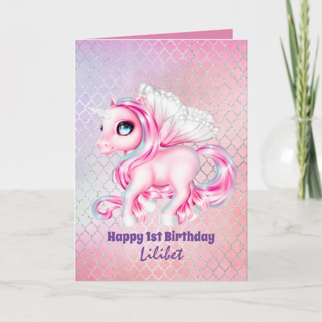 Lilibet 1st Birthday Cards - Princess Unicorns Kort (Framsida)