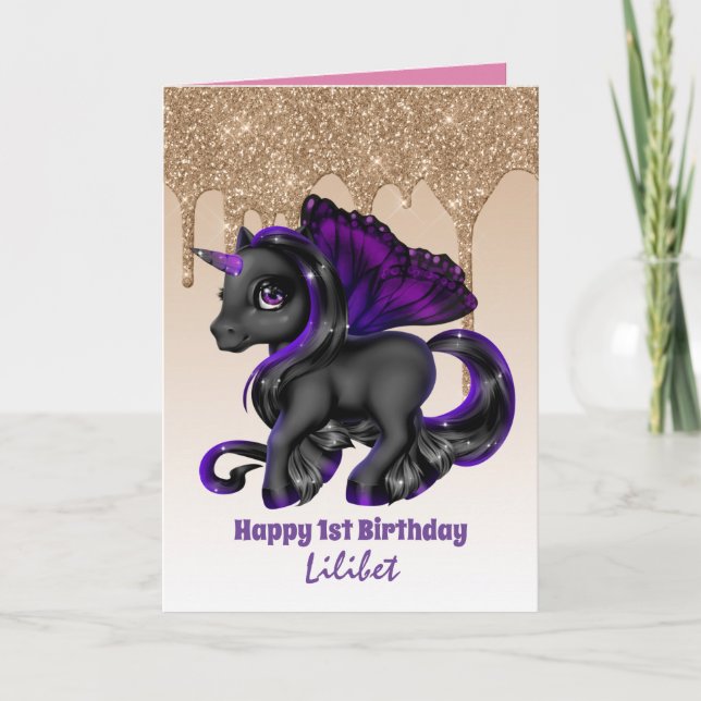 Lilibet 1st Birthday Cards - Princess Unicorns Kort (Framsida)