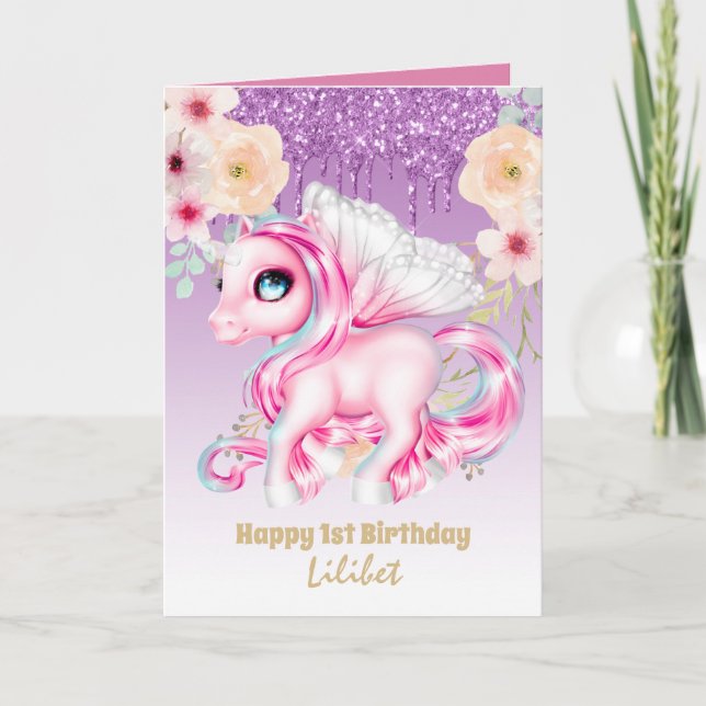Lilibet 1st Birthday Cards - Princess Unicorns Kort (Framsida)