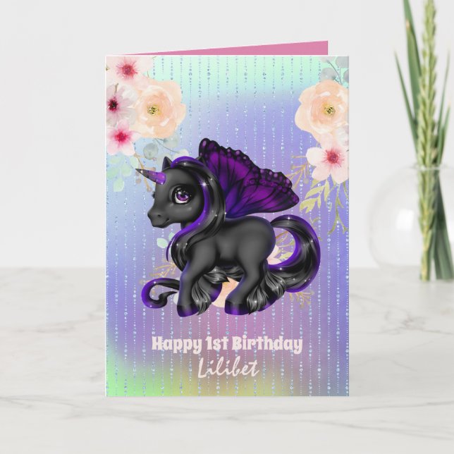 Lilibet 1st Birthday Cards - Princess Unicorns Kort (Framsida)