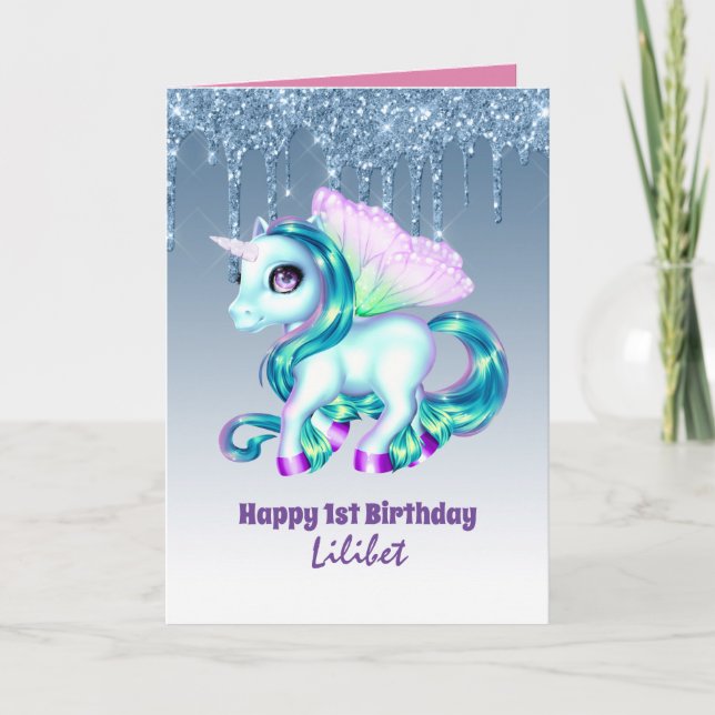 Lilibet 1st Birthday Cards - Princess Unicorns Kort (Framsida)