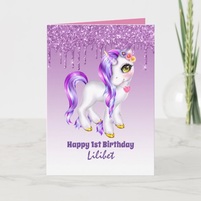 Lilibet 1st Birthday Cards - Princess Unicorns Kort (Framsida)