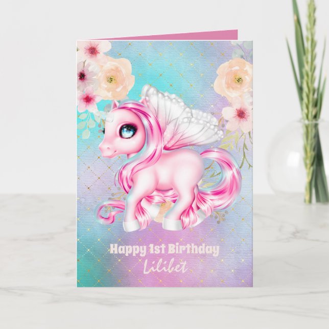 Lilibet 1st Birthday Cards - Princess Unicorns Kort (Framsida)