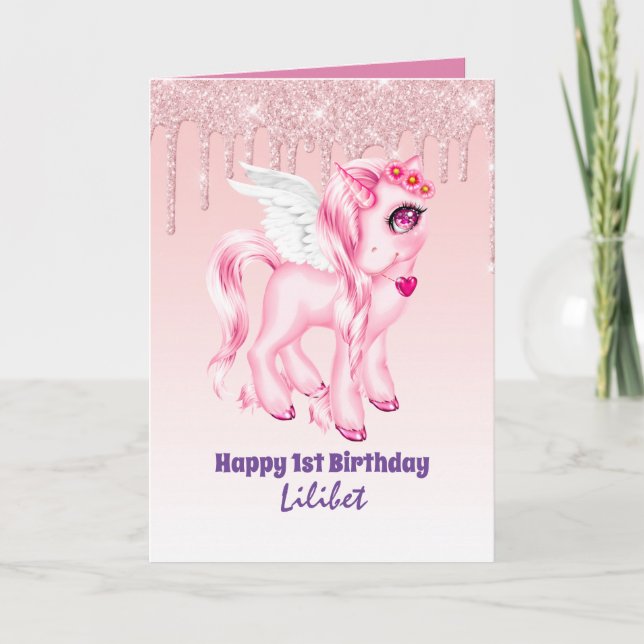 Lilibet 1st Birthday Cards - Princess Unicorns Kort (Framsida)