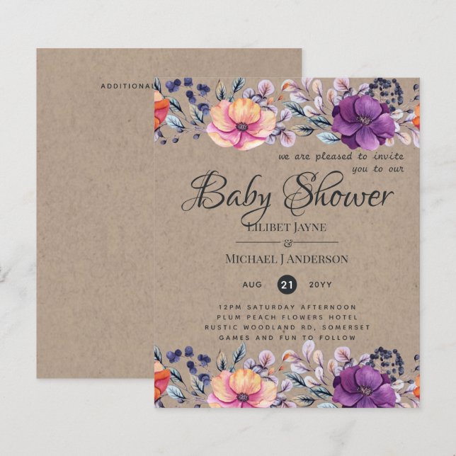 Lilibet Baby Shower Inbjudan - Rustic Orange Lila (Fram/baksida)