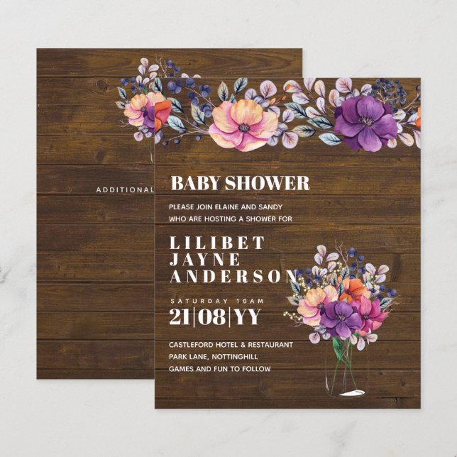 Lilibet Baby Shower Inbjudan - Rustic Orange Lila (Fram/baksida)
