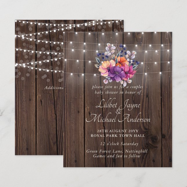 Lilibet Baby Shower Inbjudan - Rustik Orange Lila (Fram/baksida)