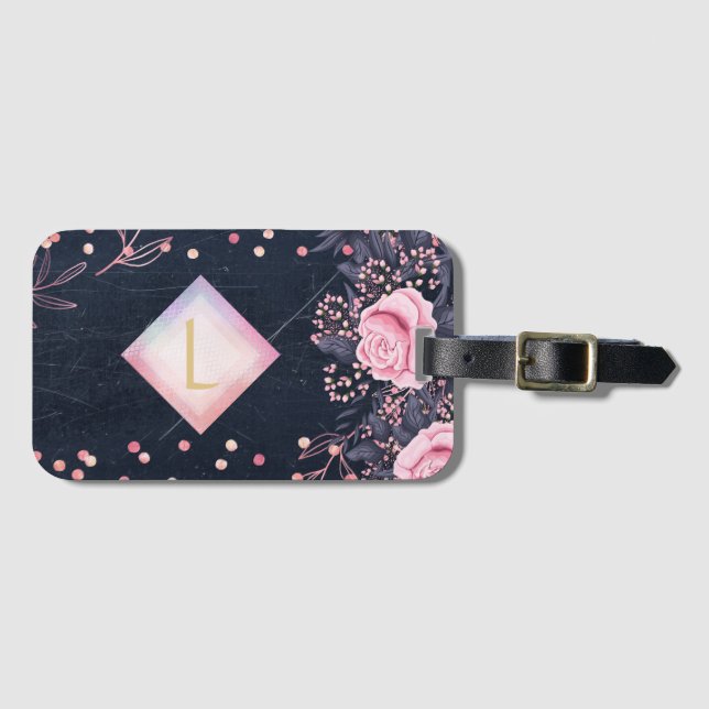 Lilibet Monogram Navy Rosegold Rosa Princess Gifts Bagagebricka (Framsida horisontal)