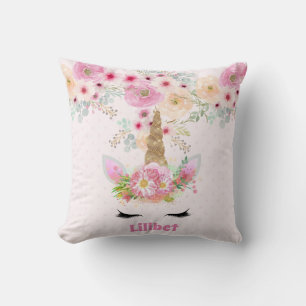Lilibet Named Unicorn Ansikte Rosa Flowers Girls Kudde