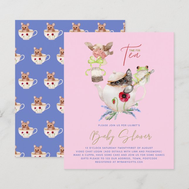 Lilibet Tea Party Shower Inbjudan Fit for Princess (Fram/baksida)