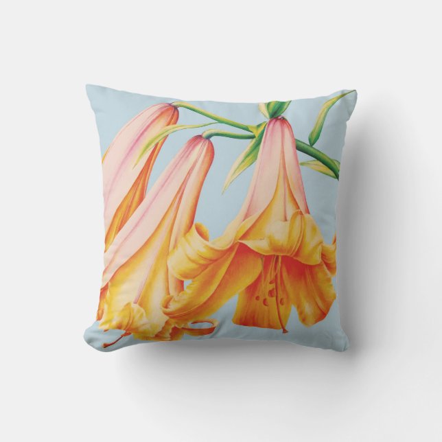 Lilies finkonst av Sarah Trett blå orange kudde (Framsida)