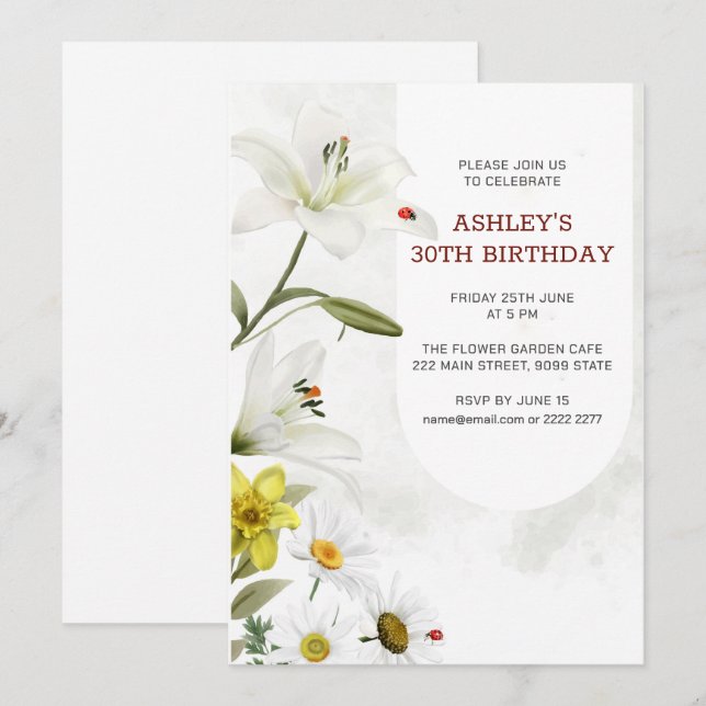 Lilies och Daffodils Birthday Inbjudningar (Fram/baksida)