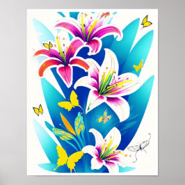 Lilies och Gult Butterflies Poster