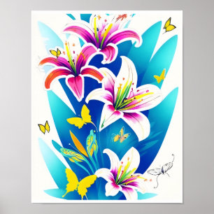 Lilies och Gult Butterflies Poster