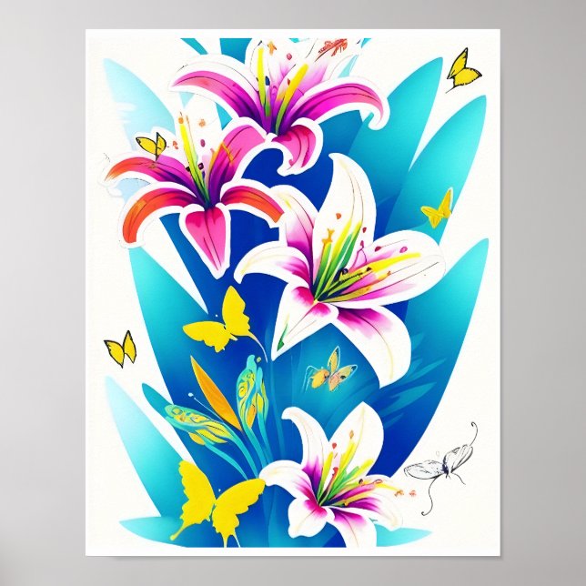 Lilies och Gult Butterflies Poster (Framsidan)